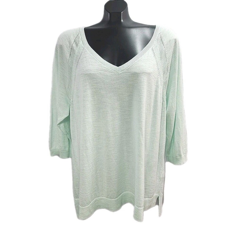 Talbots Sweater Cotton Lightweight Green V-Neck 3/4 Sleeve Plus Sz 2X NEW